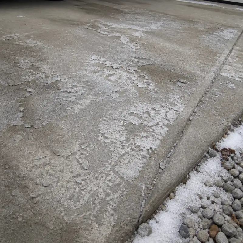 Concrete salt scaling damage — thin surface layers peeling from road salt