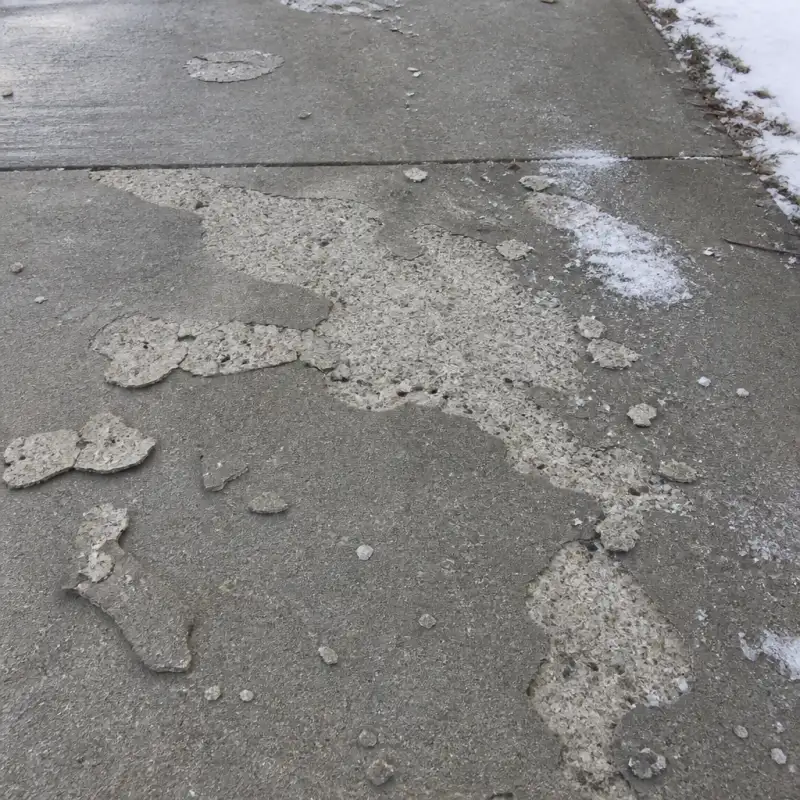 Concrete spalling damage — surface flaking off in sheets